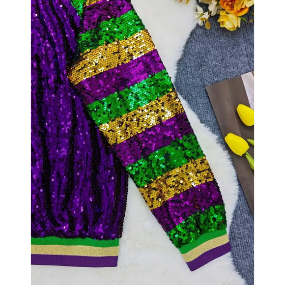 Mardi Gras Sequin Purple Bomber Jacket with Purple, Green, Gold Striped Sleeves - Picture 7 of 8